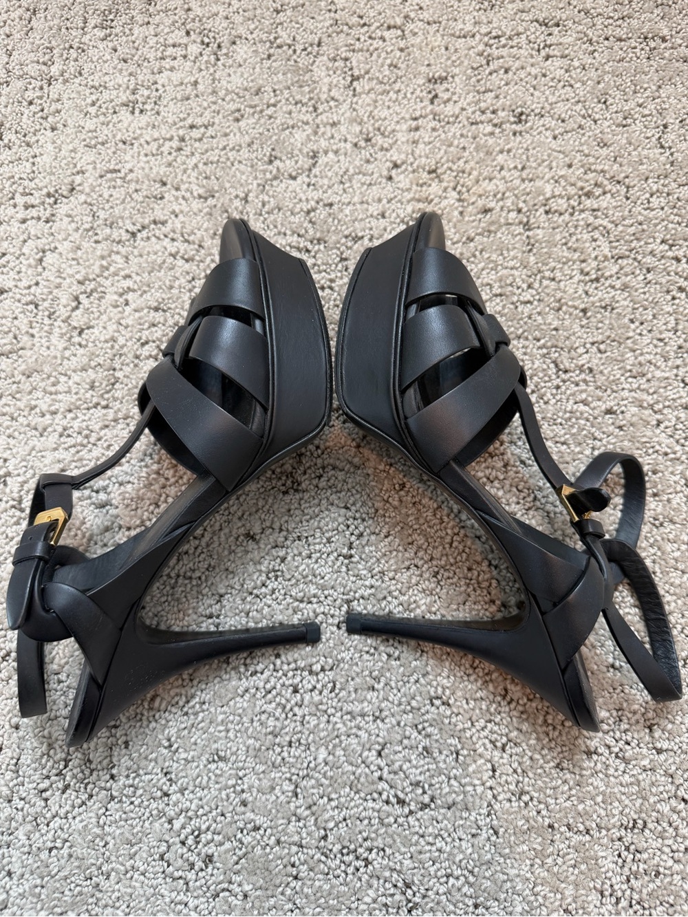 Authentic YSL Saint Laurent Black Leather T-Strap Tribute Platform Heels Sz 38.5 - Picture 3 of 8